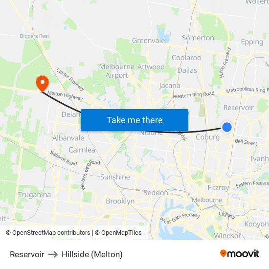 Reservoir to Hillside (Melton) map