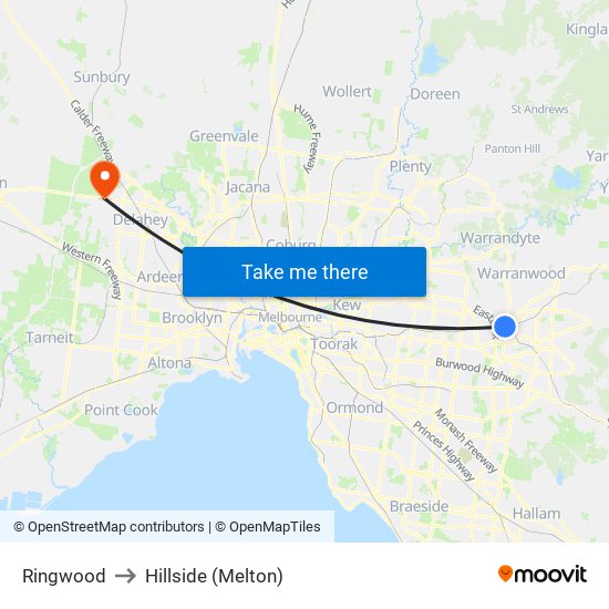 Ringwood to Hillside (Melton) map