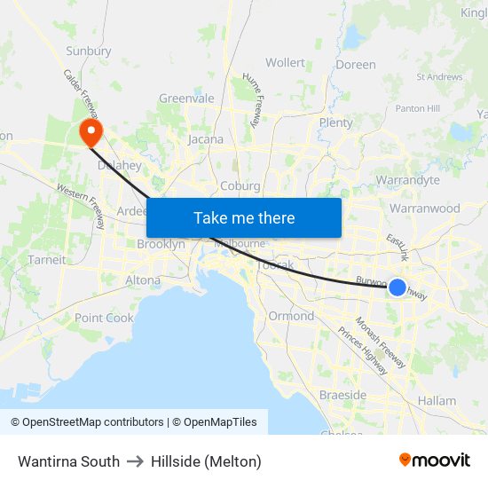 Wantirna South to Hillside (Melton) map