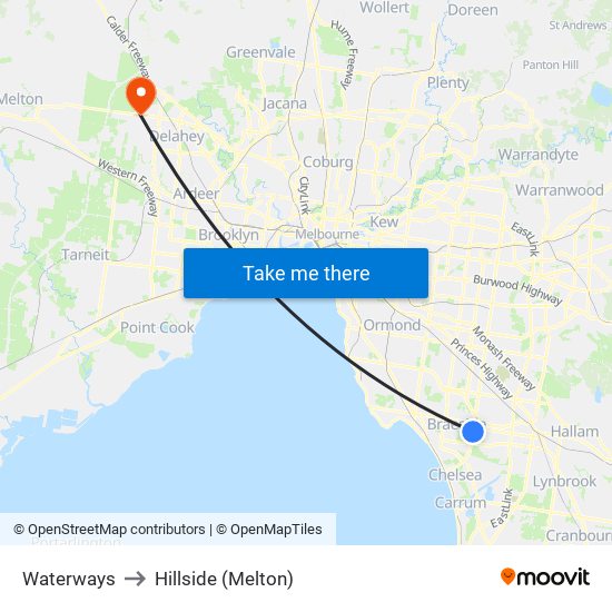 Waterways to Hillside (Melton) map