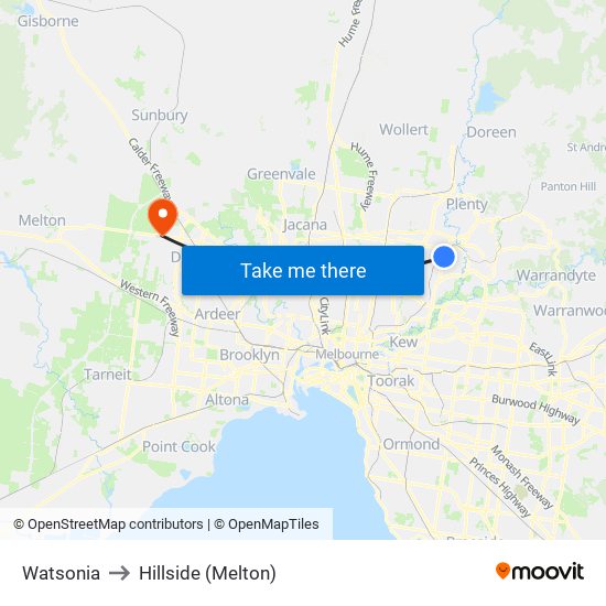 Watsonia to Hillside (Melton) map