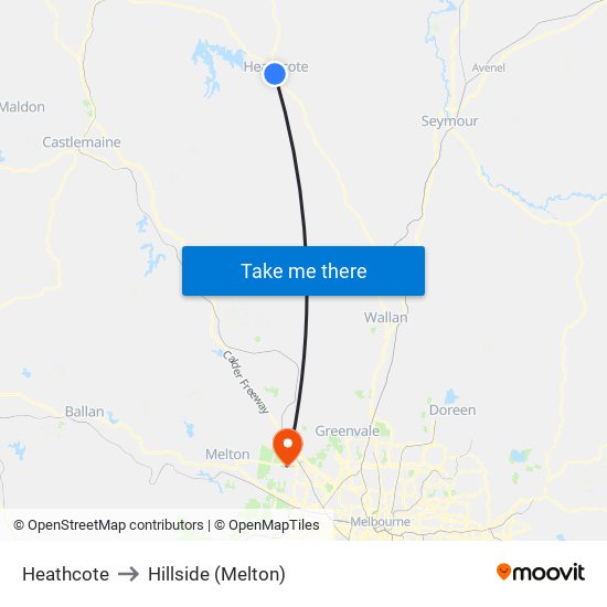 Heathcote to Hillside (Melton) map