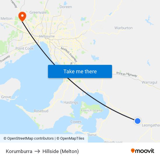 Korumburra to Hillside (Melton) map