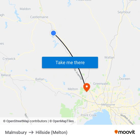 Malmsbury to Hillside (Melton) map