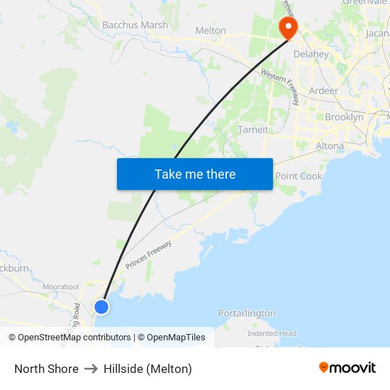 North Shore to Hillside (Melton) map