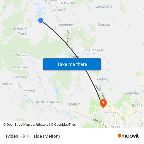 Tylden to Hillside (Melton) map