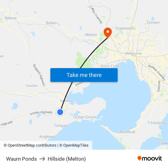 Waurn Ponds to Hillside (Melton) map