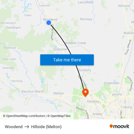 Woodend to Hillside (Melton) map