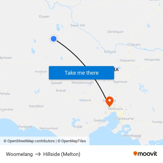 Woomelang to Hillside (Melton) map