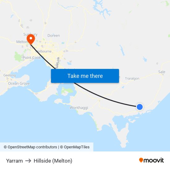 Yarram to Hillside (Melton) map