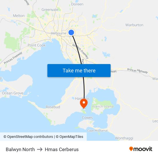 Balwyn North to Hmas Cerberus map