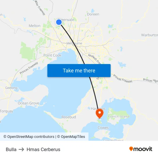 Bulla to Hmas Cerberus map