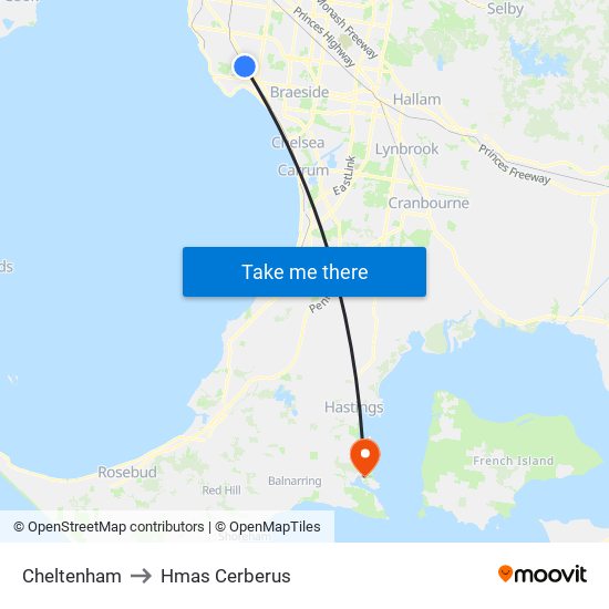 Cheltenham to Hmas Cerberus map