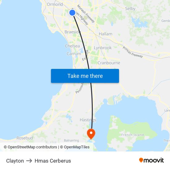 Clayton to Hmas Cerberus map