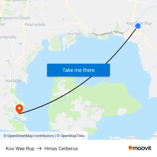 Koo Wee Rup to Hmas Cerberus map