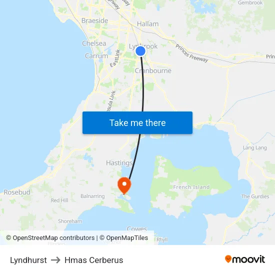Lyndhurst to Hmas Cerberus map