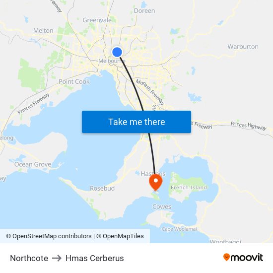 Northcote to Hmas Cerberus map