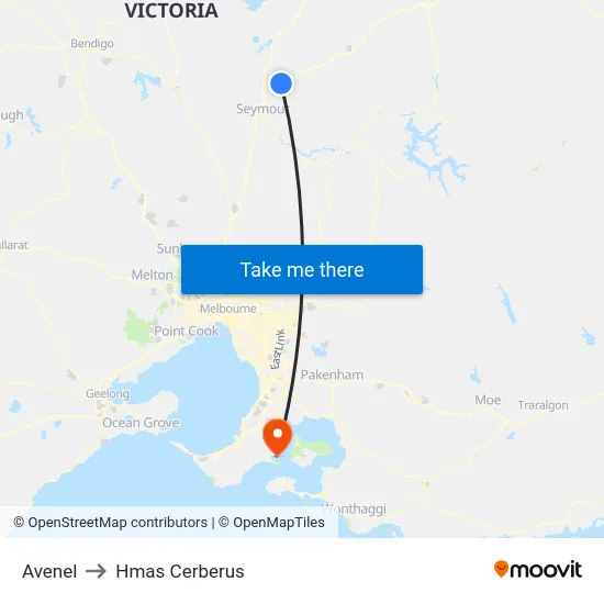 Avenel to Hmas Cerberus map