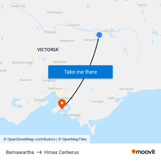 Barnawartha to Hmas Cerberus map