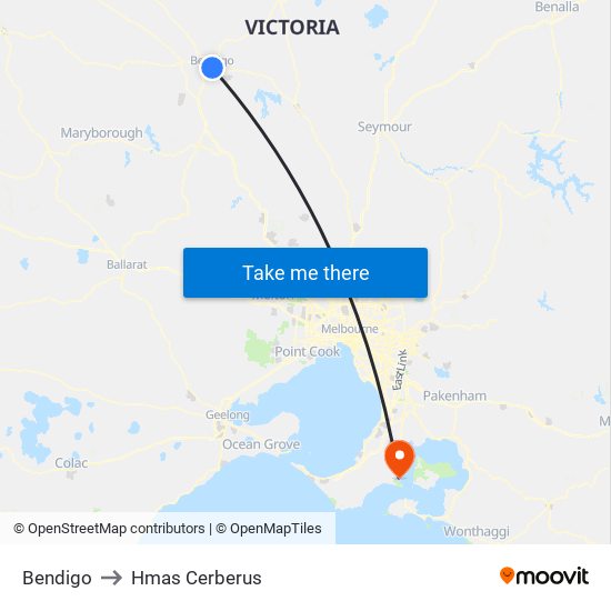 Bendigo to Hmas Cerberus map