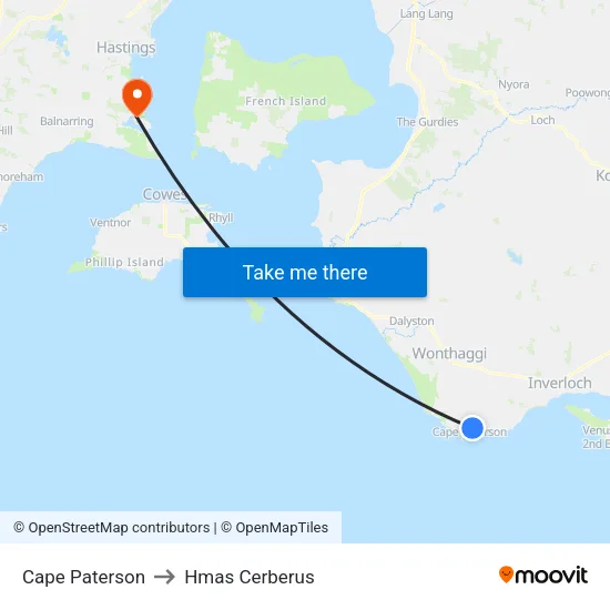 Cape Paterson to Hmas Cerberus map