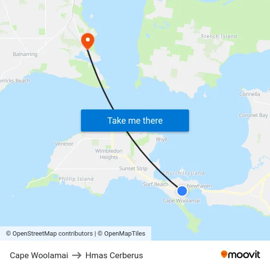 Cape Woolamai to Hmas Cerberus map