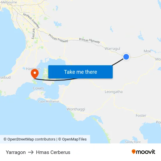 Yarragon to Hmas Cerberus map