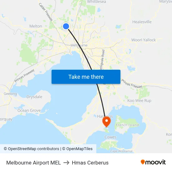 Melbourne Airport MEL to Hmas Cerberus map