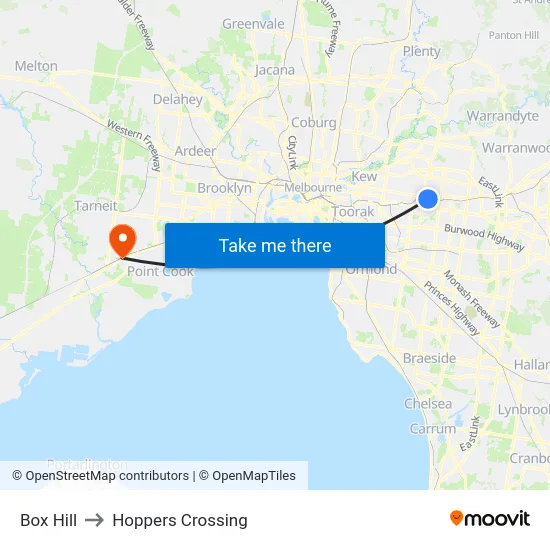Box Hill to Hoppers Crossing map