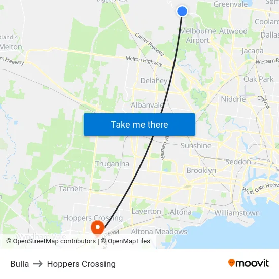 Bulla to Hoppers Crossing map