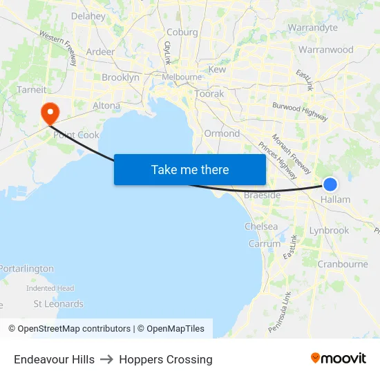 Endeavour Hills to Hoppers Crossing map
