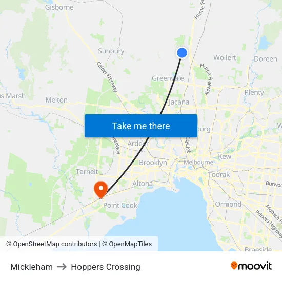 Mickleham to Hoppers Crossing map