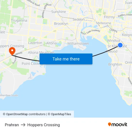 Prahran to Hoppers Crossing map