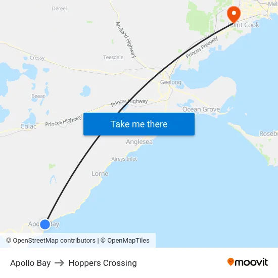 Apollo Bay to Hoppers Crossing map