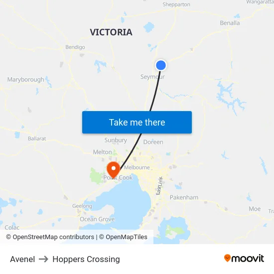 Avenel to Hoppers Crossing map