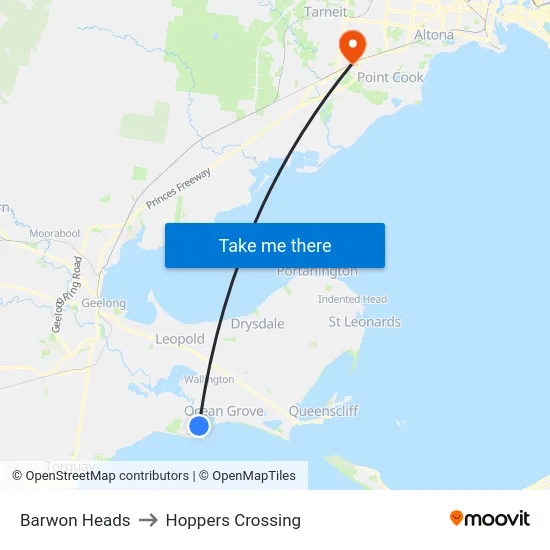 Barwon Heads to Hoppers Crossing map