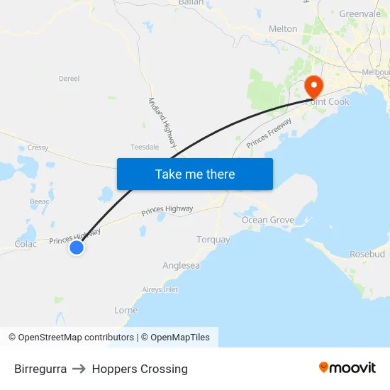 Birregurra to Hoppers Crossing map