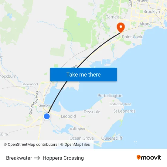 Breakwater to Hoppers Crossing map