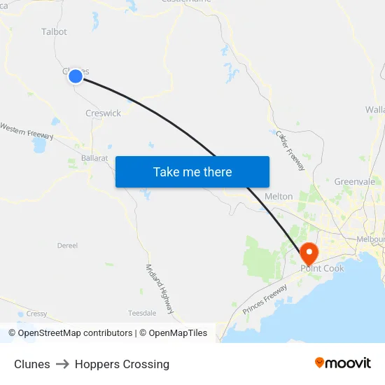 Clunes to Hoppers Crossing map