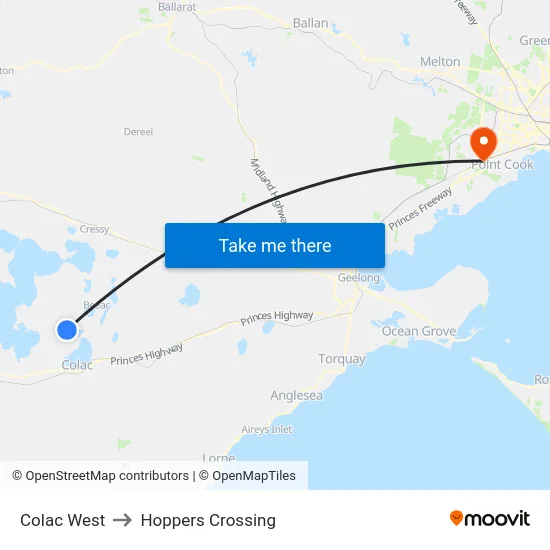 Colac West to Hoppers Crossing map