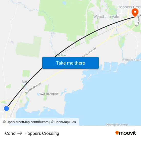 Corio to Hoppers Crossing map