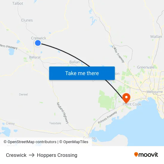 Creswick to Hoppers Crossing map