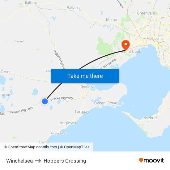 Winchelsea to Hoppers Crossing map