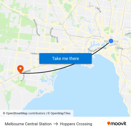Melbourne Central Station to Hoppers Crossing map