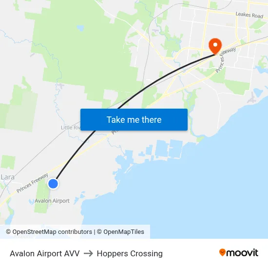Avalon Airport AVV to Hoppers Crossing map
