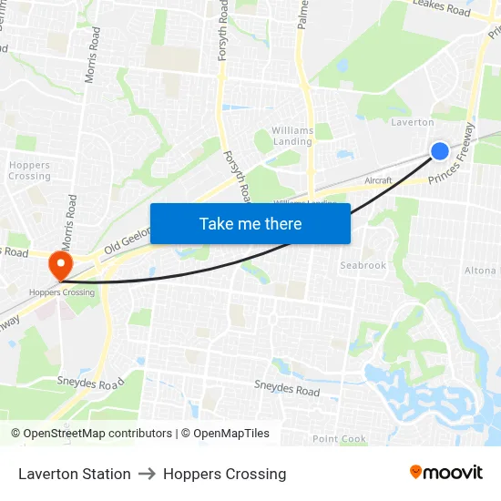 Laverton Station to Hoppers Crossing map