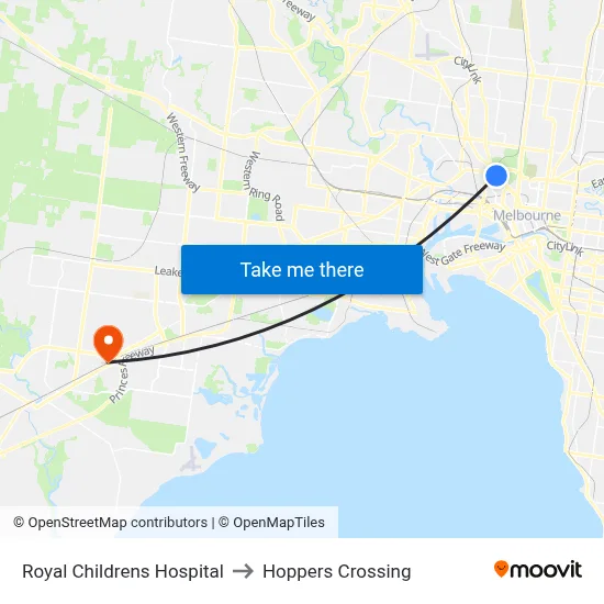 Royal Childrens Hospital to Hoppers Crossing map