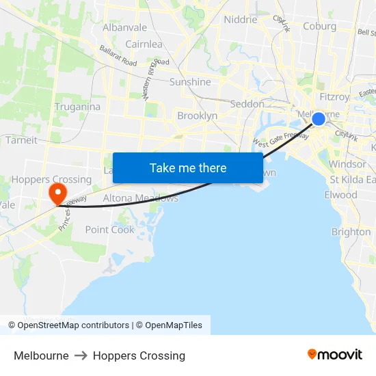 Melbourne to Hoppers Crossing map