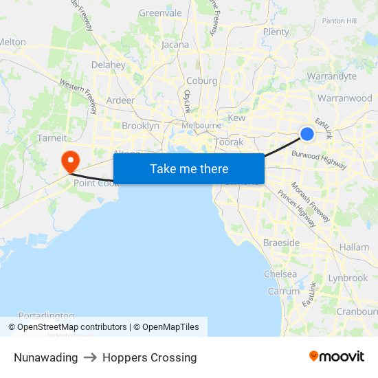 Nunawading to Hoppers Crossing map