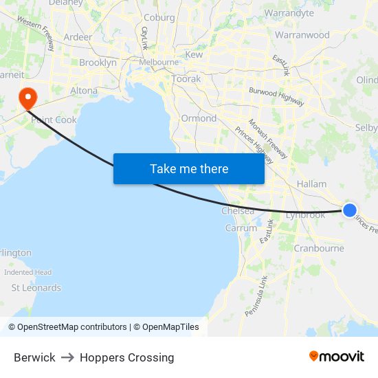 Berwick to Hoppers Crossing map